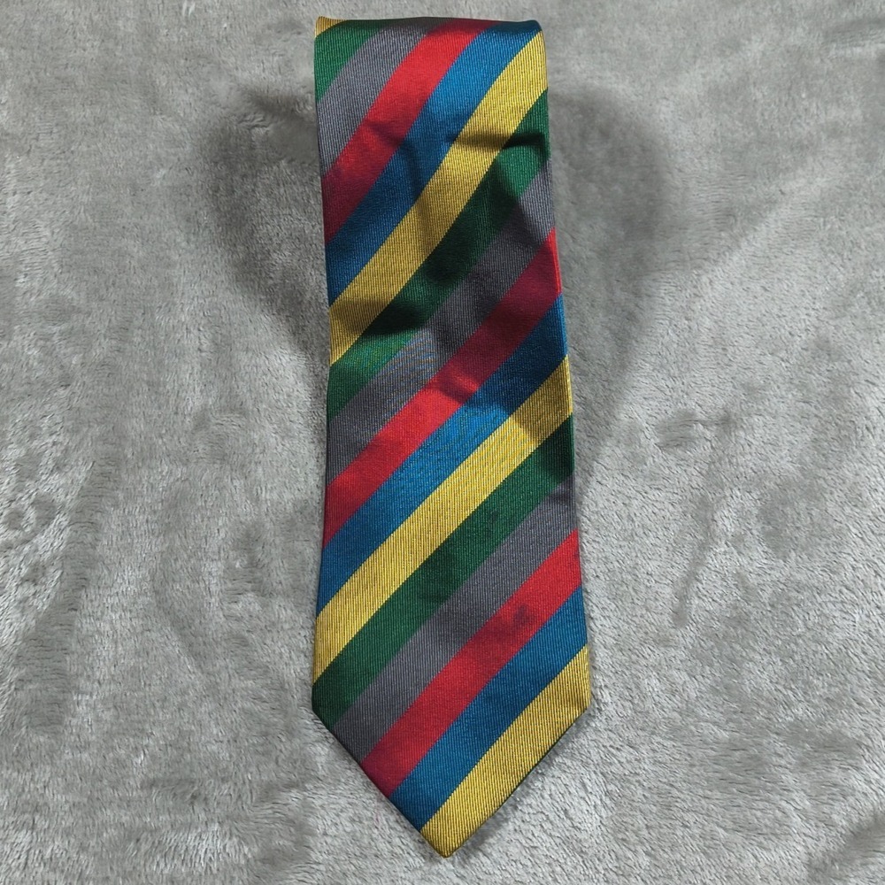 Vintage Loewe Tie Mens 58x3.24 Red Gold Green Blue Striped Luxury Silk Madrid